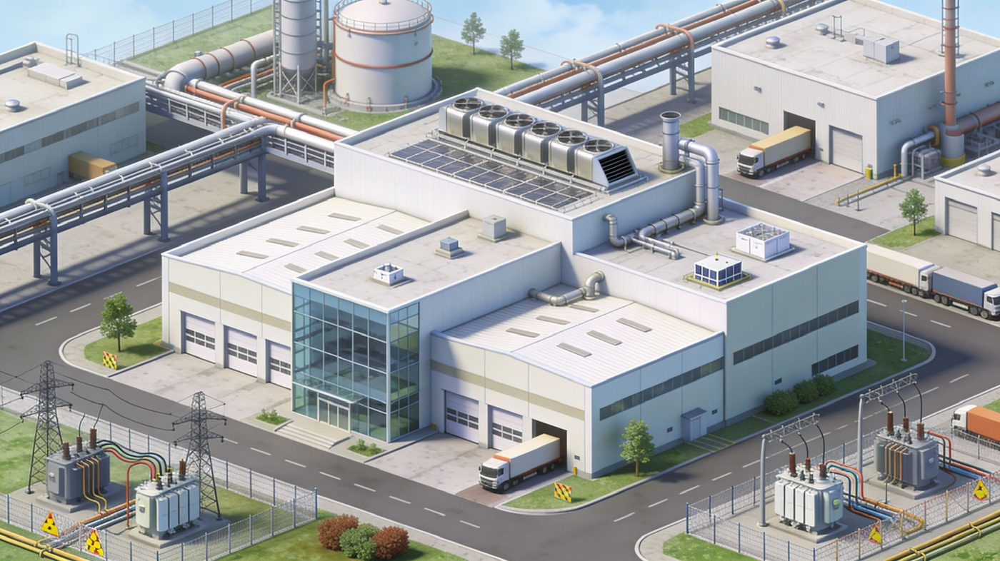 Symbolische Illustration einer Produktionshalle – Projektbereich Industrie, Logistik und Energie